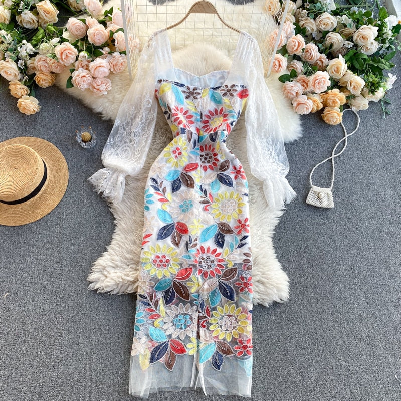 Vintage Dress, Boho Midi Dress, Party Dress, Embroidered Dress, Magnolia in White