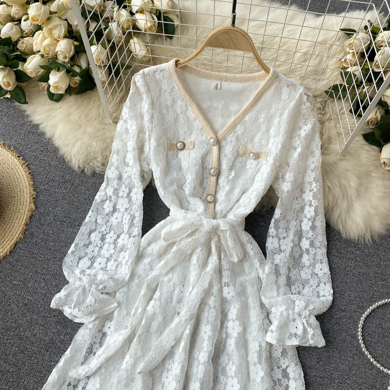 Vintage Dress, Boho Midi Dress, Party Dress, Victoria White and Ivory Lace