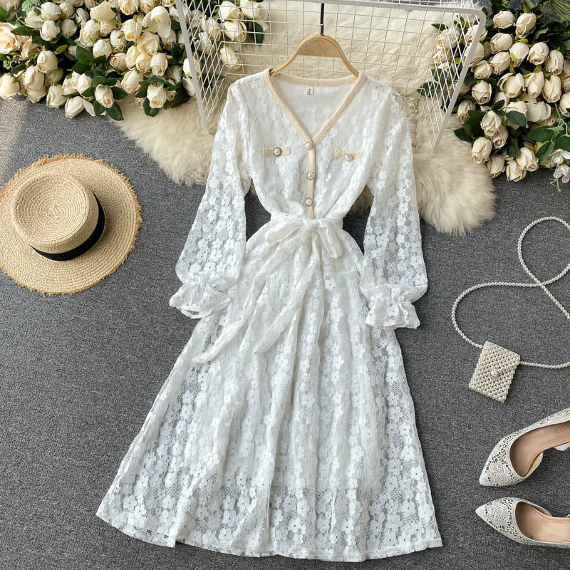 Vintage Dress, Boho Midi Dress, Party Dress, Victoria White and Ivory Lace
