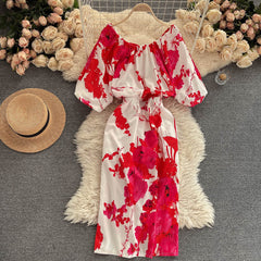 Vintage Dress, Boho Midi Dress, Dress, Red Rose Petal