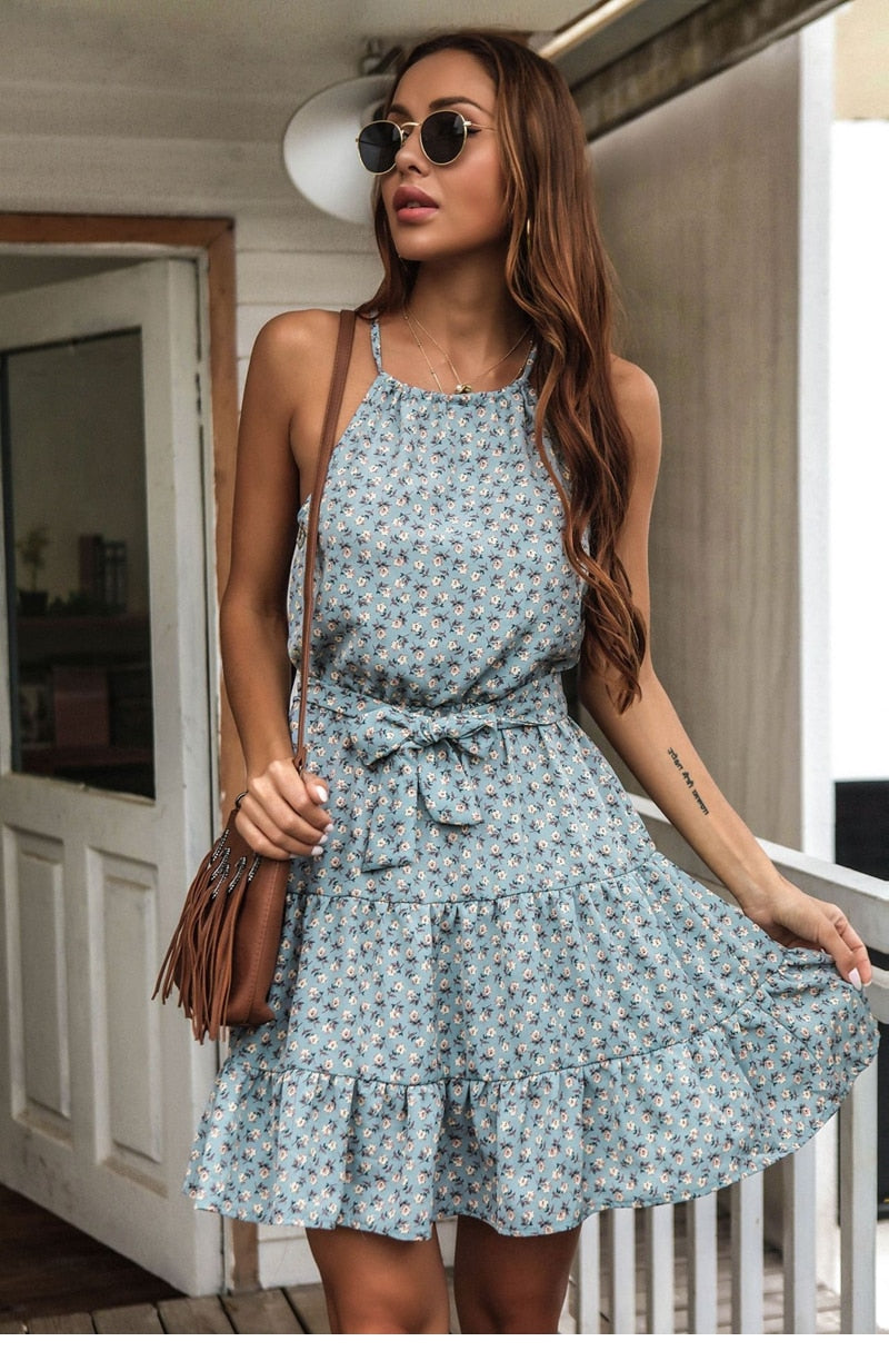 Boho Mini Dress  Halter Sundress, Tulip in Gypso Blue