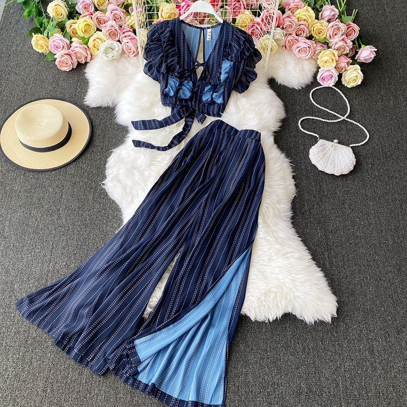 Vintage Two Piece Set, Boho Matching Crop Top and Palazzo Pant, Glamour Blue