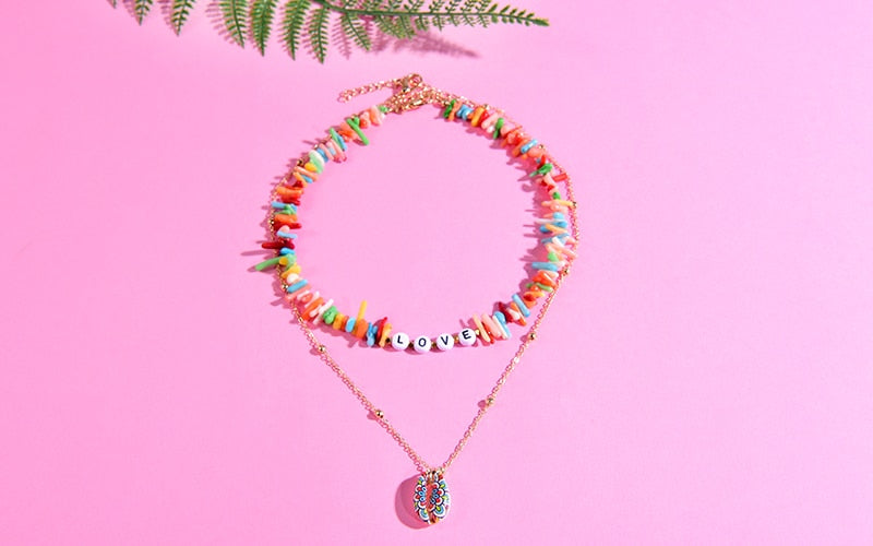 Boho Personalized Custom Necklace, Shell  2 Layered Choker, Love Lucky Happy Wish