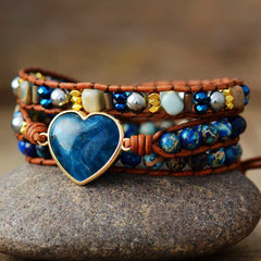 Boho Bracelet, 3 Layers Leather Wrap Bracelet, Jasper Apatite Heart