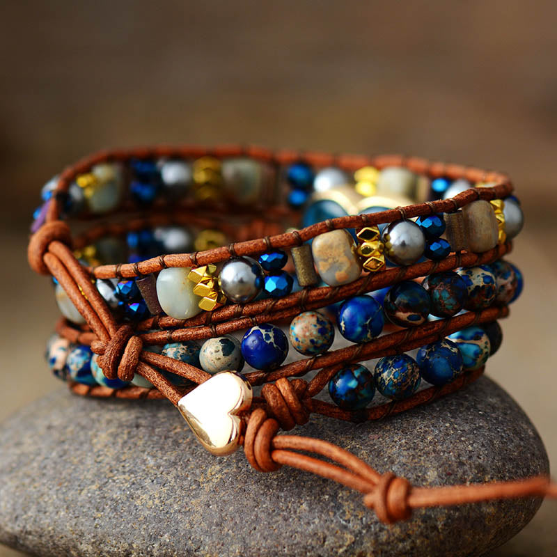 Boho Bracelet, 3 Layers Leather Wrap Bracelet, Jasper Apatite Heart