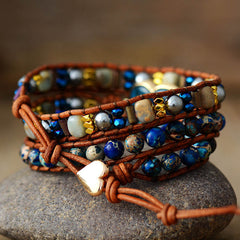 Boho Bracelet, 3 Layers Leather Wrap Bracelet, Jasper Apatite Heart