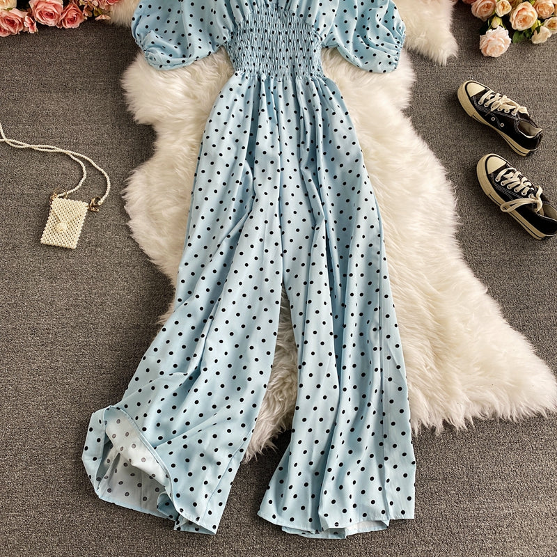 Boho Vintage  Jumpsuit, Boho Romper, Playsuit, Smocked Polka Dot in Orange, Red, Blue and Green