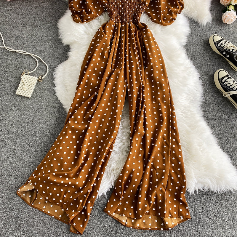 Boho Vintage  Jumpsuit, Boho Romper, Playsuit, Smocked Polka Dot in Orange, Red, Blue and Green