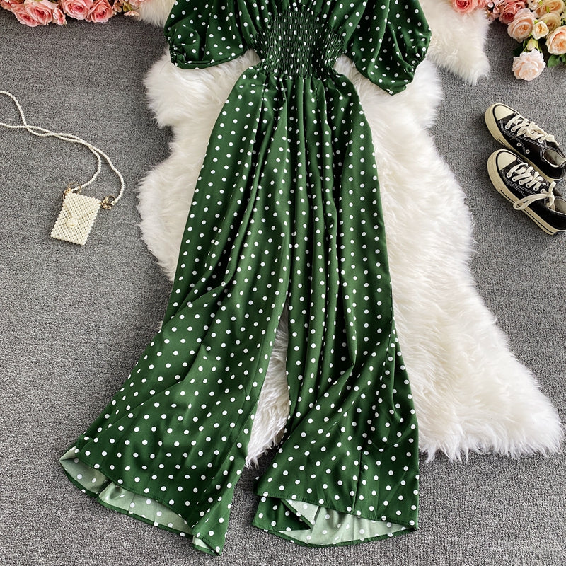 Boho Vintage  Jumpsuit, Boho Romper, Playsuit, Smocked Polka Dot in Orange, Red, Blue and Green