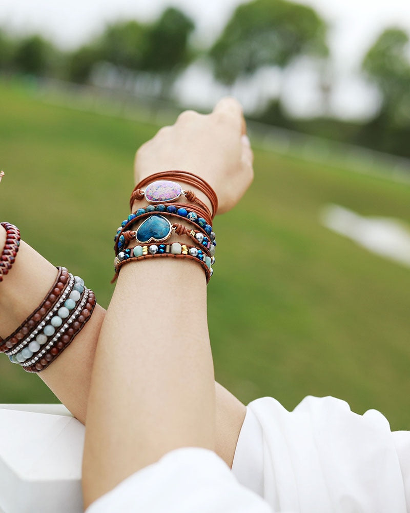 Boho Bracelet, 3 Layers Leather Wrap Bracelet, Jasper Apatite Heart