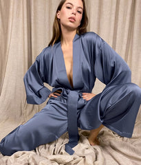 Boho Pajamas, Pajamas Sets for Women, PJ Satin Clementine in Blue and Green