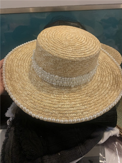 Boho Hat, Sun Beach Hat, Straw Bucket Hat, White Peal Trim