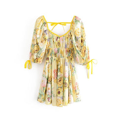 Boho Mini Dress Sundress, Vintage Elena Yellow Flower Garden