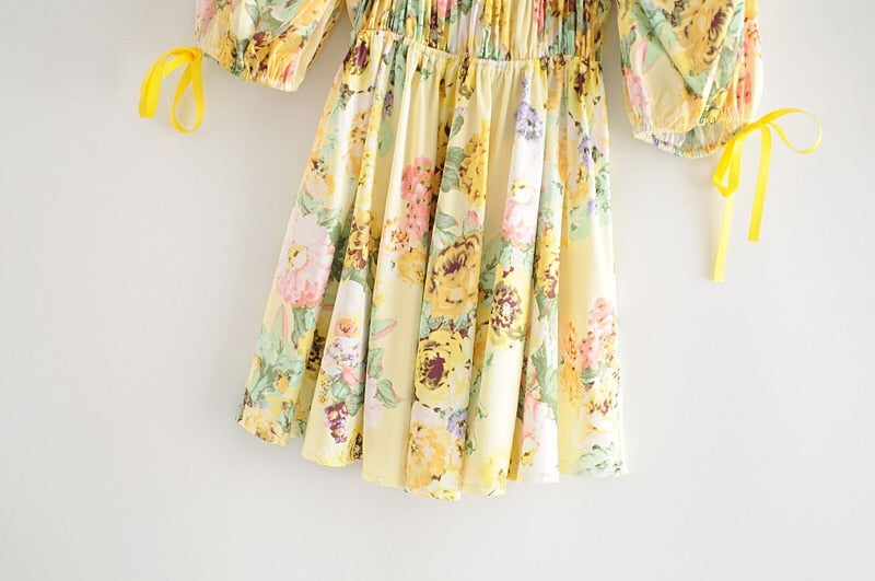 Boho Mini Dress Sundress, Vintage Elena Yellow Flower Garden