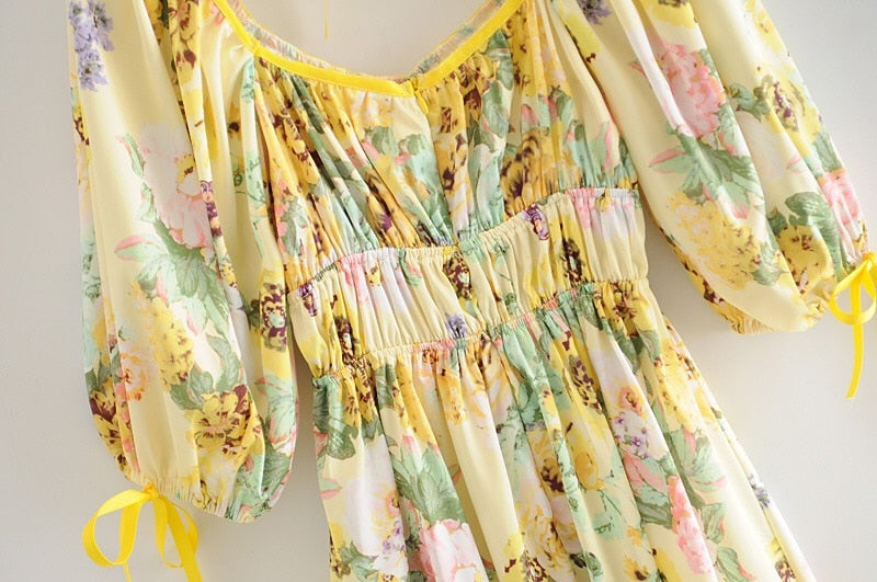 Boho Mini Dress Sundress, Vintage Elena Yellow Flower Garden