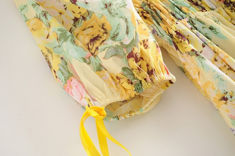 Boho Mini Dress Sundress, Vintage Elena Yellow Flower Garden