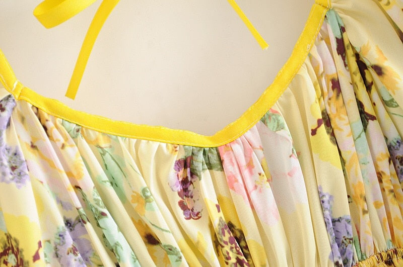 Boho Mini Dress Sundress, Vintage Elena Yellow Flower Garden