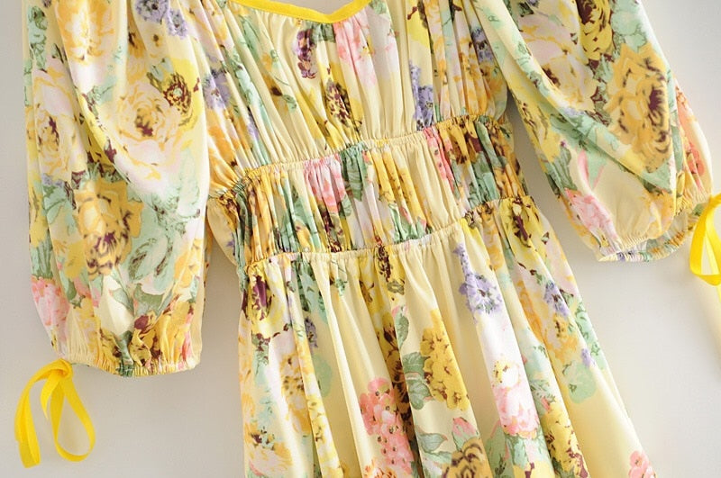 Boho Mini Dress Sundress, Vintage Elena Yellow Flower Garden
