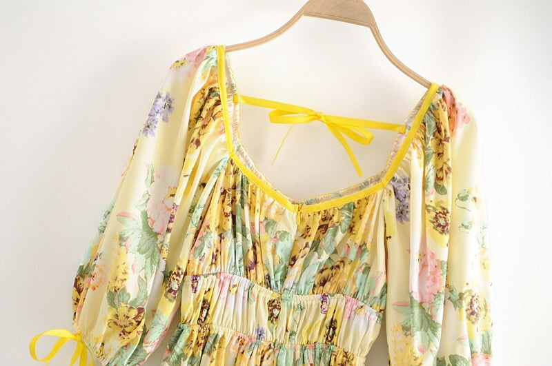Boho Mini Dress Sundress, Vintage Elena Yellow Flower Garden