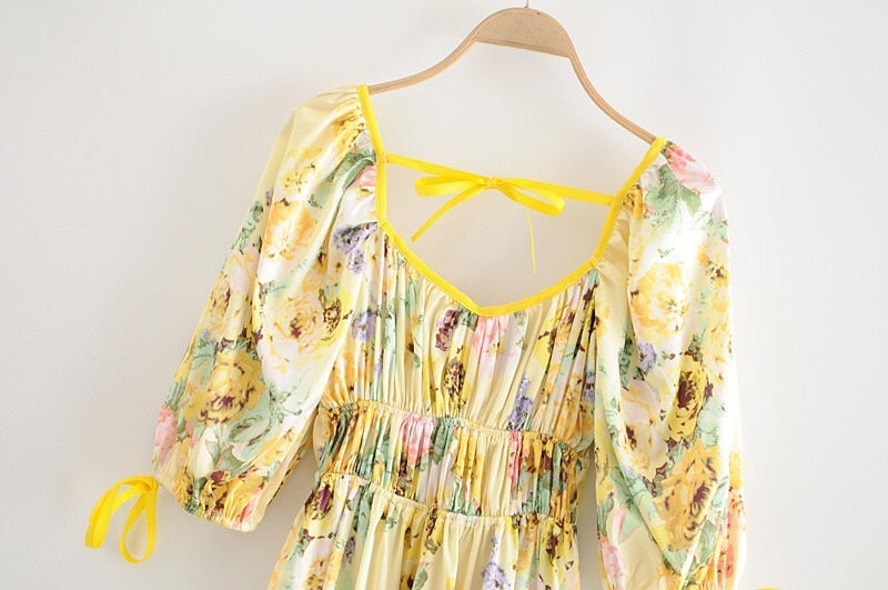 Boho Mini Dress Sundress, Vintage Elena Yellow Flower Garden