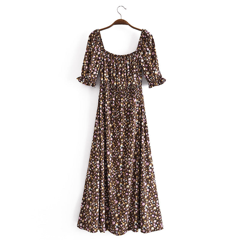 Boho Midi Dress, Off  Shoulder Smocked Dress, Vintage Brown Gabriella