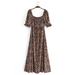 Boho Midi Dress, Off  Shoulder Smocked Dress, Vintage Brown Gabriella