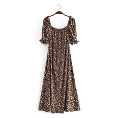 Boho Midi Dress, Off  Shoulder Smocked Dress, Vintage Brown Gabriella