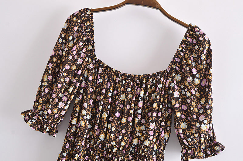 Boho Midi Dress, Off  Shoulder Smocked Dress, Vintage Brown Gabriella