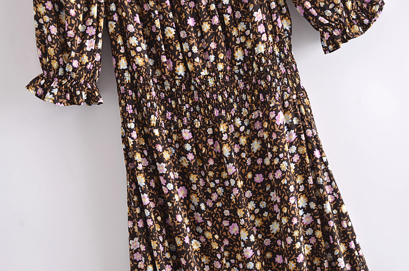 Boho Midi Dress, Off  Shoulder Smocked Dress, Vintage Brown Gabriella