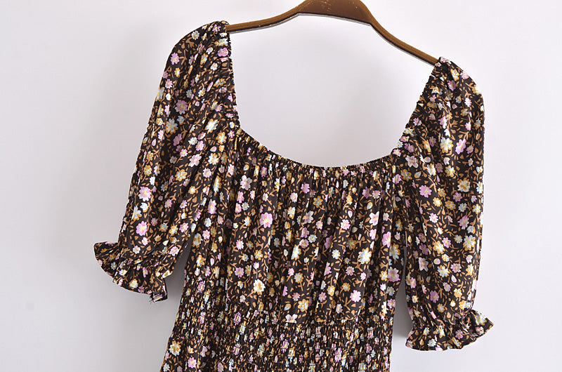 Boho Midi Dress, Off  Shoulder Smocked Dress, Vintage Brown Gabriella
