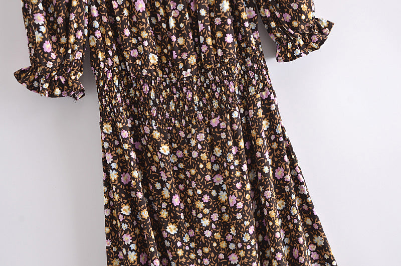 Boho Midi Dress, Off  Shoulder Smocked Dress, Vintage Brown Gabriella