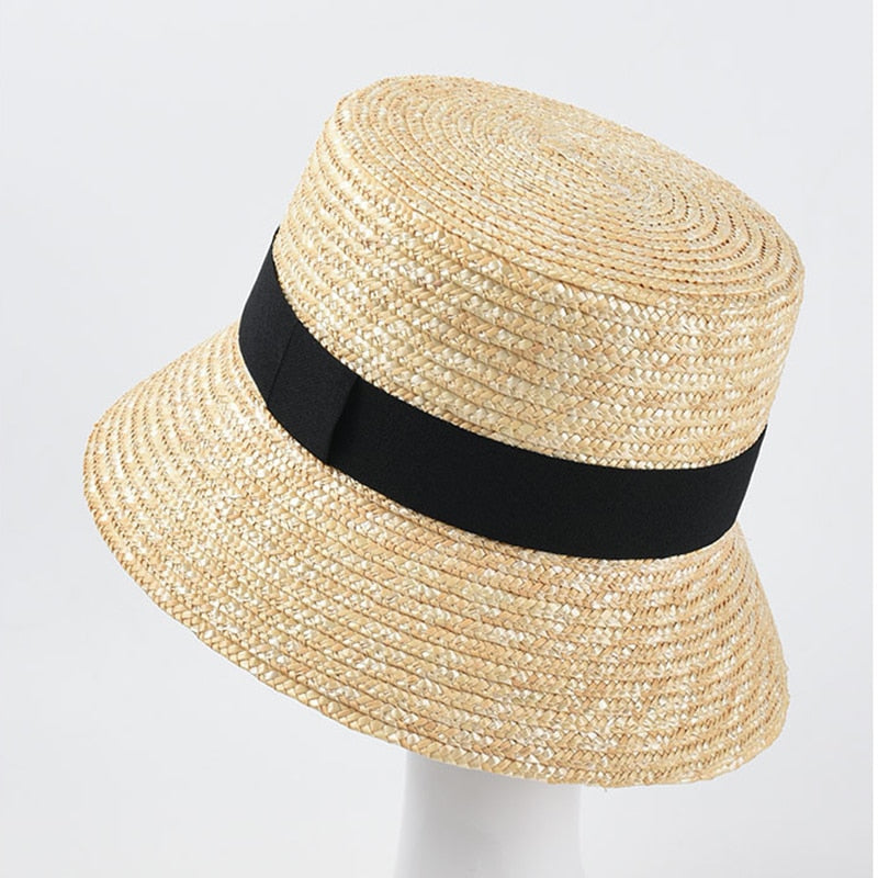 Boho Hat, Straw Bucket Hat, Black Ribbon