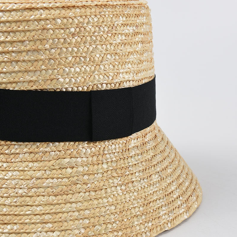 Boho Hat, Straw Bucket Hat, Black Ribbon