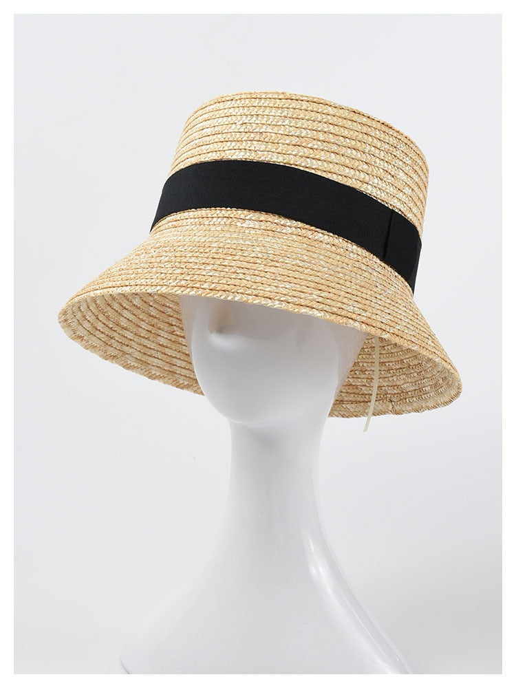 Boho Hat, Straw Bucket Hat, Black Ribbon