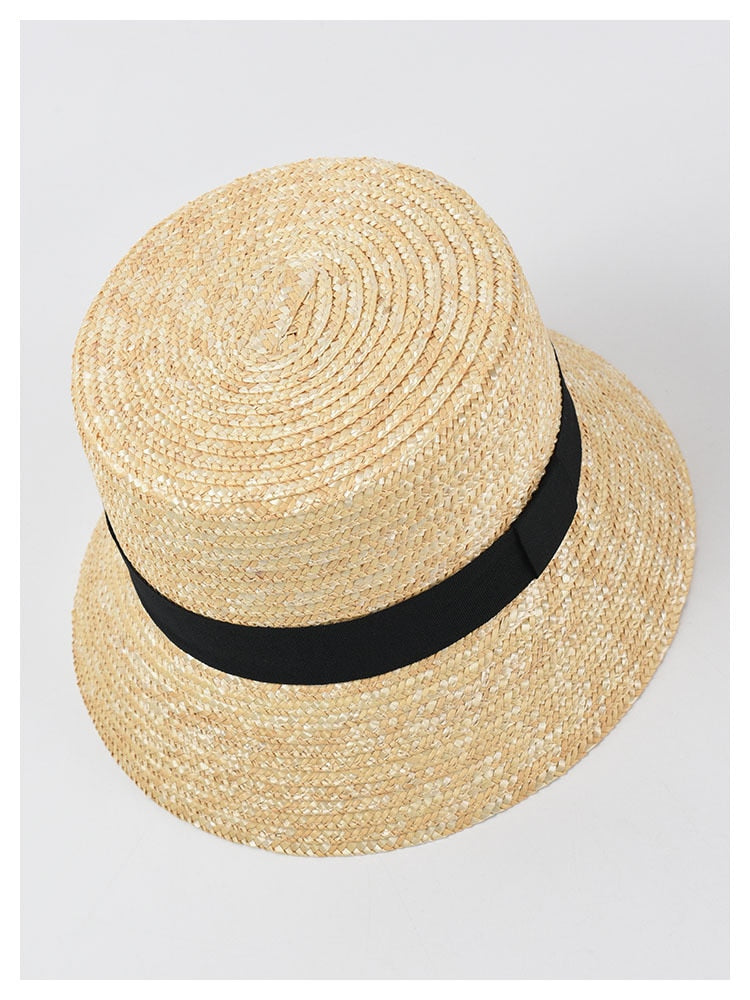 Boho Hat, Straw Bucket Hat, Black Ribbon
