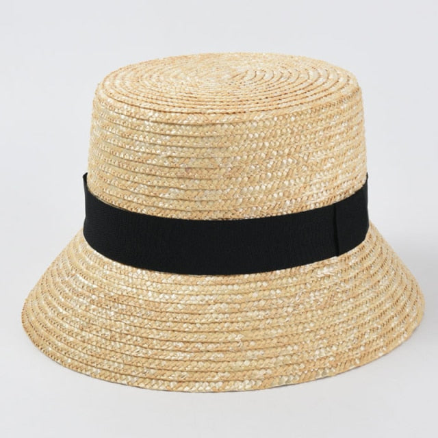 Boho Hat, Straw Bucket Hat, Black Ribbon