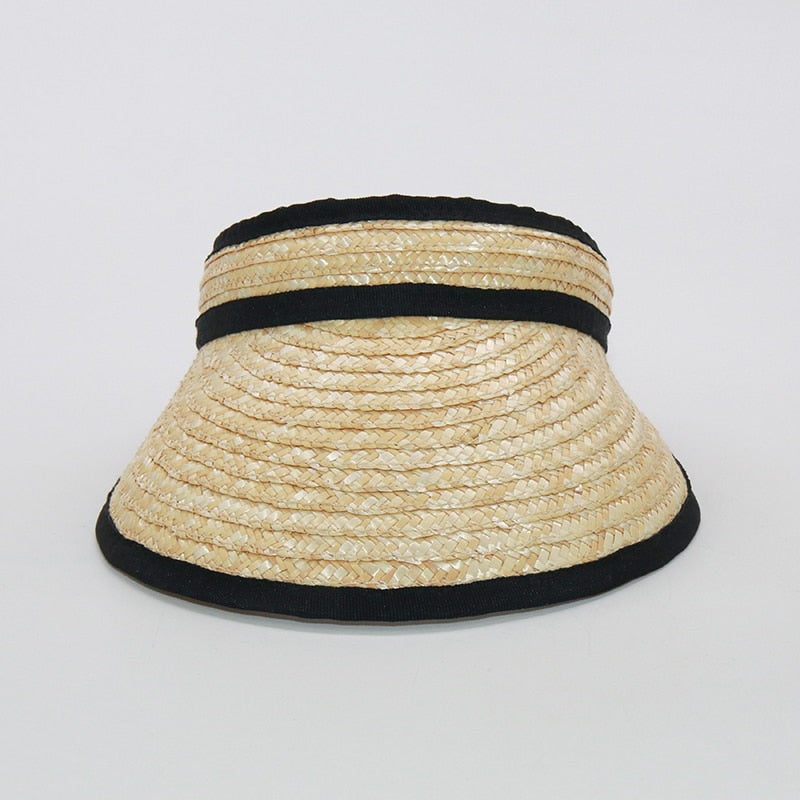 Boho Hat, Sun Hat, Beach Hat, Shade Visor Beige Straw Cap, Black Trim