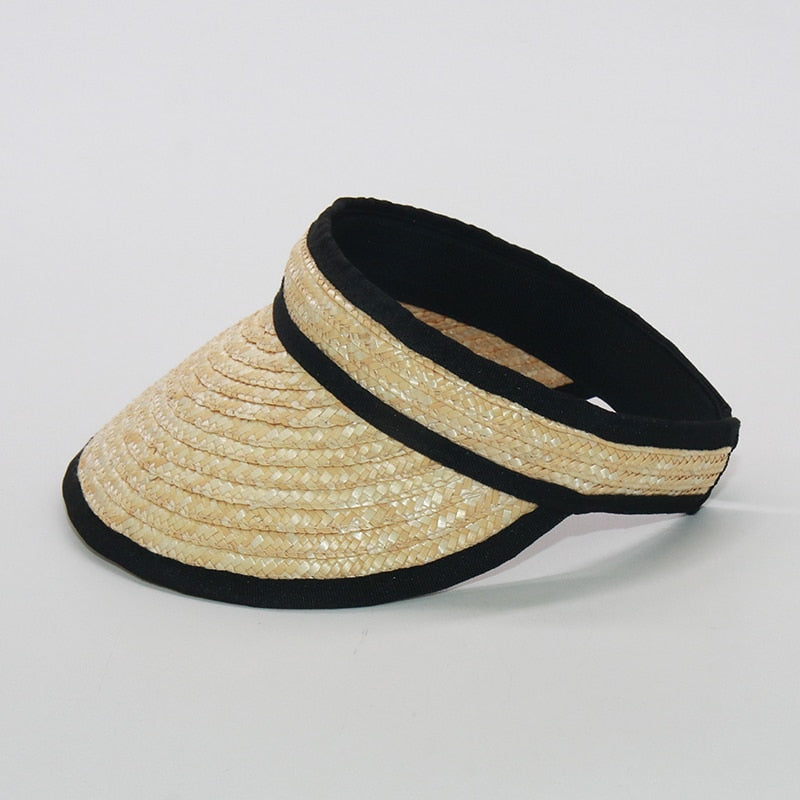 Boho Hat, Sun Hat, Beach Hat, Shade Visor Beige Straw Cap, Black Trim
