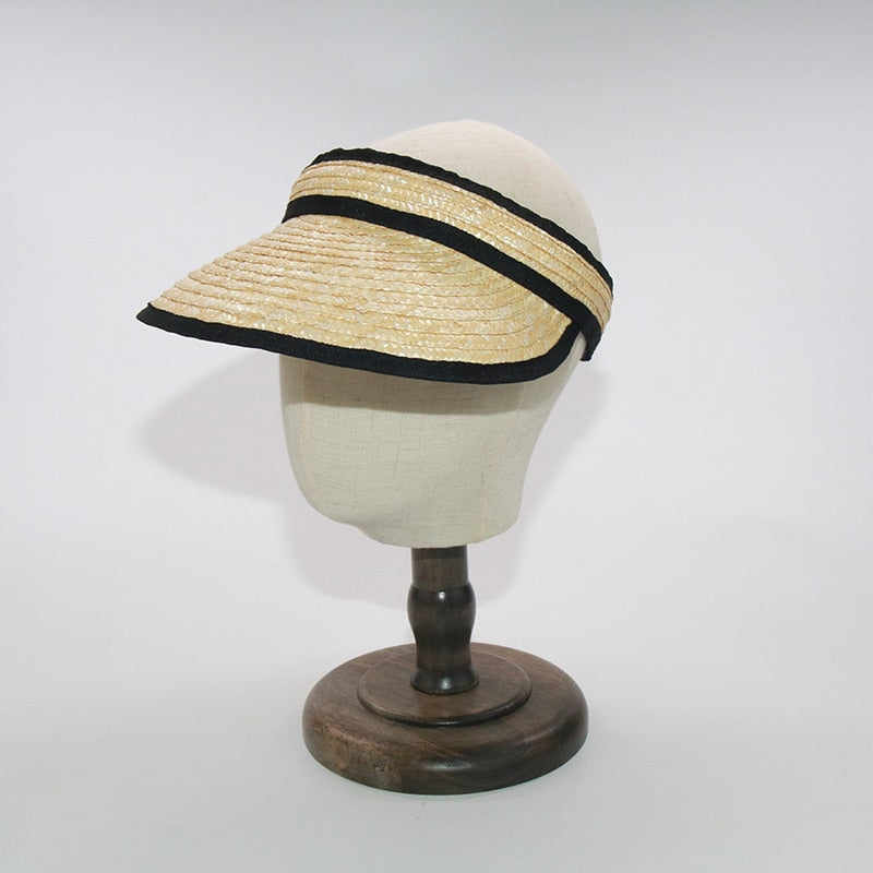 Boho Hat, Sun Hat, Beach Hat, Shade Visor Beige Straw Cap, Black Trim