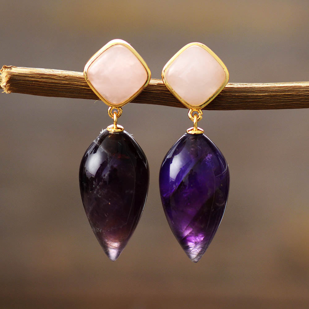 Boho Earrings, Dangle Earrings, Rose Quart Amethysts Teardrop Dangle Earring