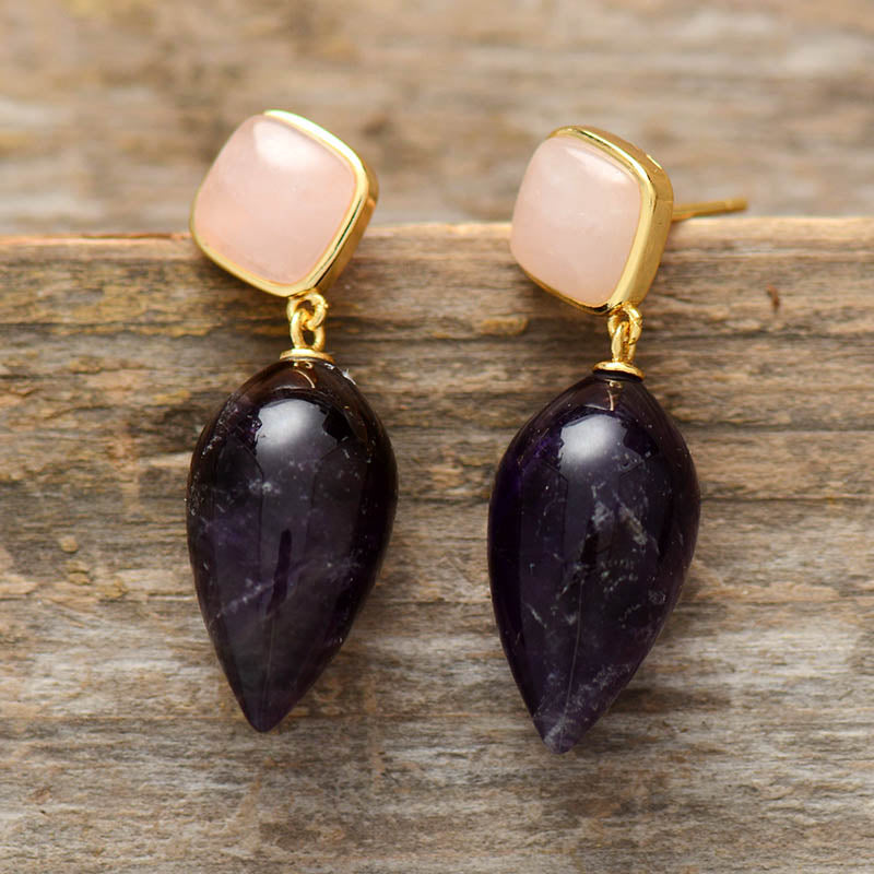 Boho Earrings, Dangle Earrings, Rose Quart Amethysts Teardrop Dangle Earring