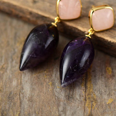 Boho Earrings, Dangle Earrings, Rose Quart Amethysts Teardrop Dangle Earring