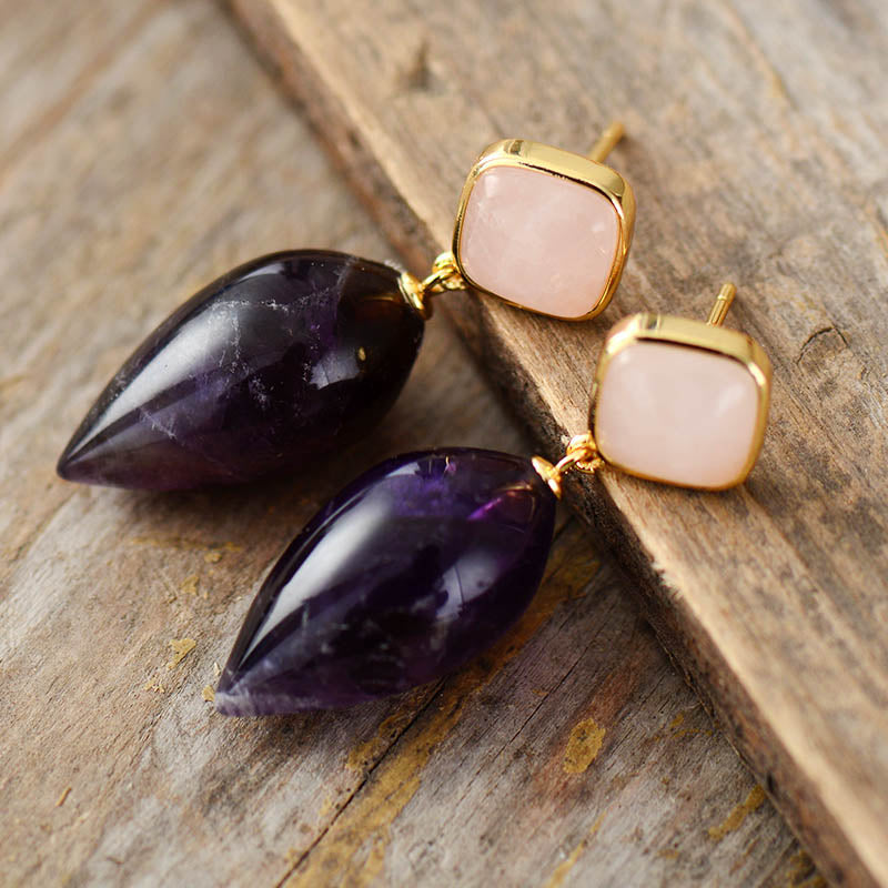 Boho Earrings, Dangle Earrings, Rose Quart Amethysts Teardrop Dangle Earring