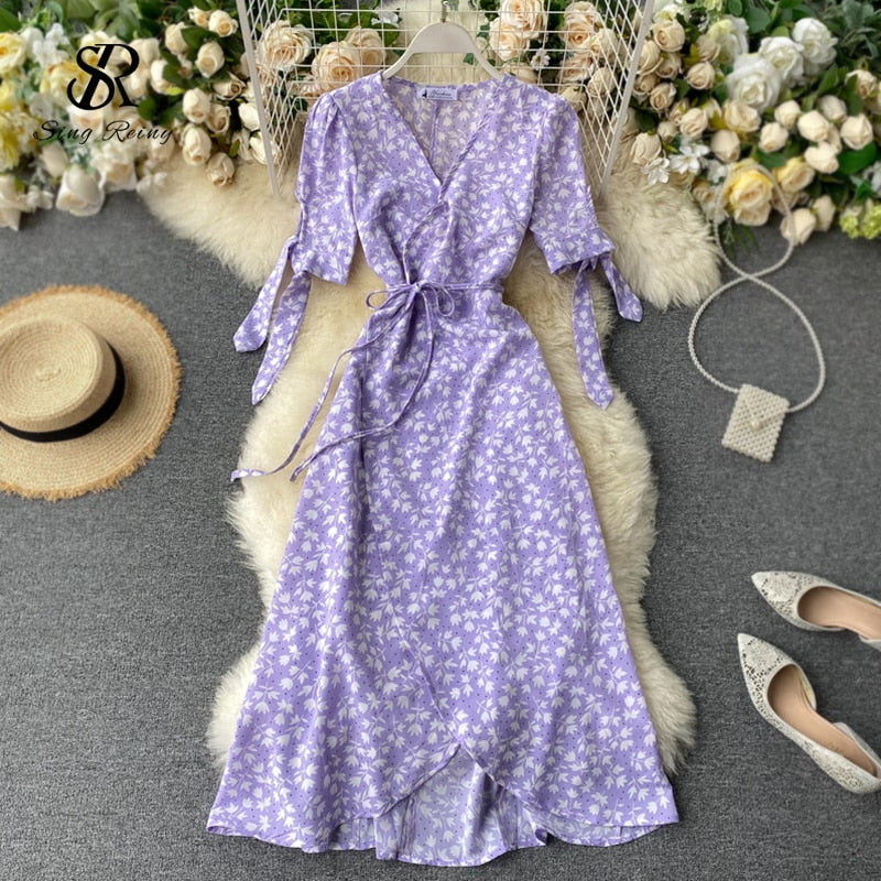 Vintage Dress, Boho Midi Dress, Dress, Wrap Dress, Flower Child Iris Purple