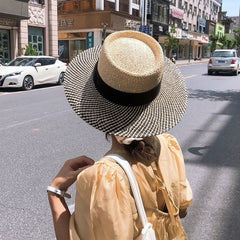 Boho Hat, Sun Beach Hat, Seagrass Fedora Hat, Lady Two Tone Black