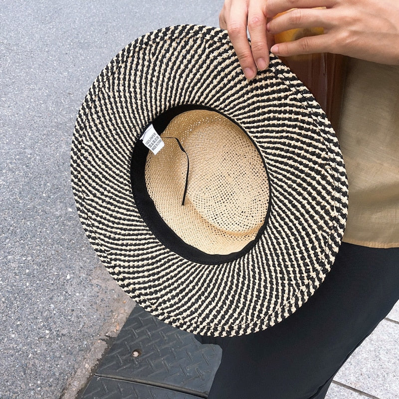 Boho Hat, Sun Beach Hat, Seagrass Fedora Hat, Lady Two Tone Black