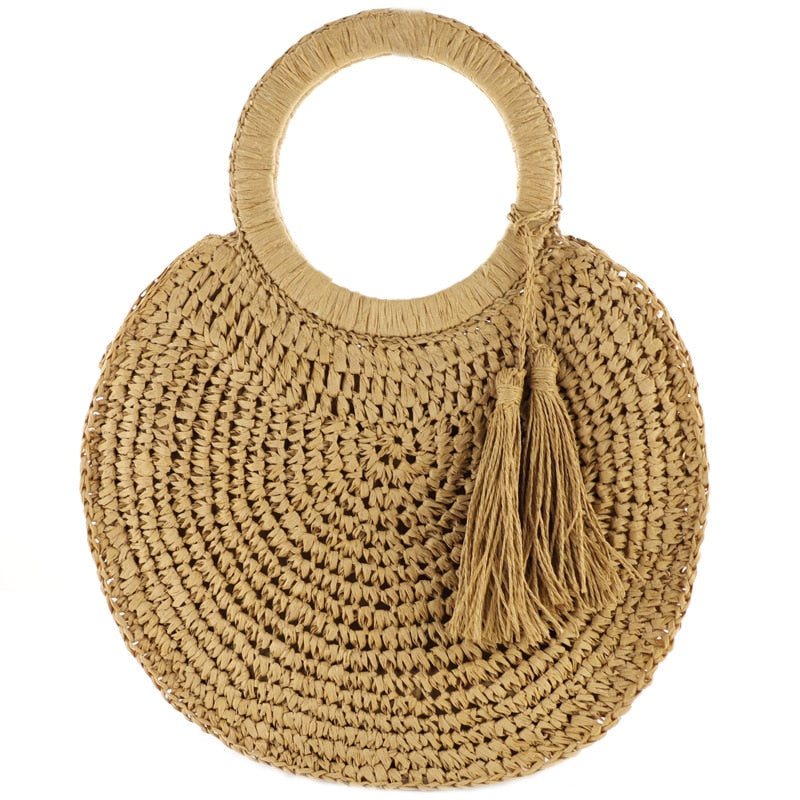 Boho Bag, Woven Straw Rope Bag, Rattan Bag, Yellow Moon Tassel in Brown and Ivory