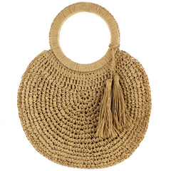 Boho Bag, Woven Straw Rope Bag, Rattan Bag, Yellow Moon Tassel in Brown and Ivory