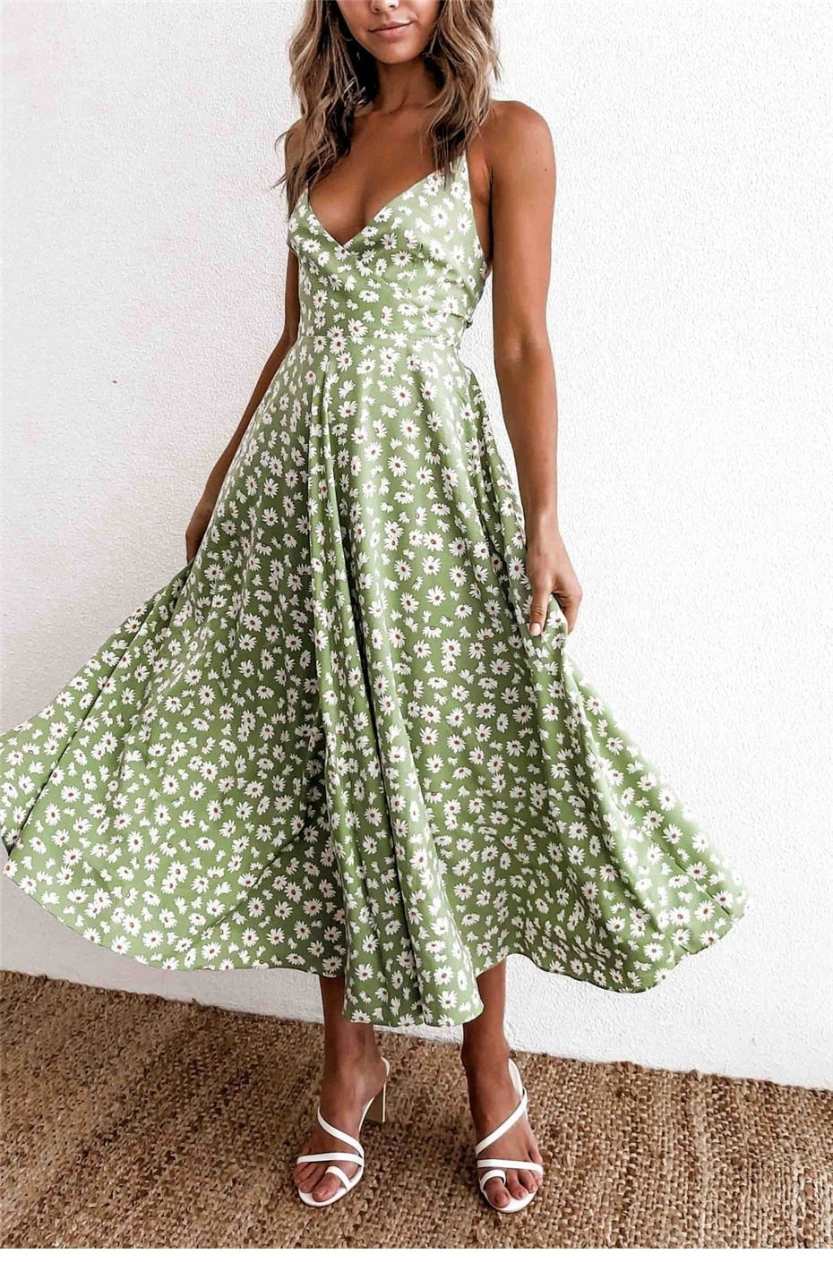 Boho Midi Dress, Strappy Sundress Emilie in Floral Green