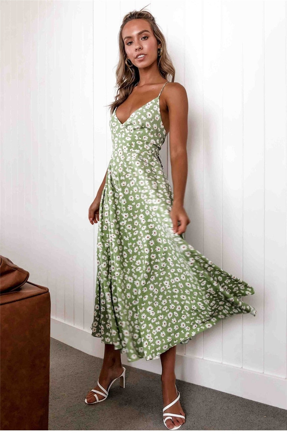 Boho Midi Dress, Strappy Sundress Emilie in Floral Green
